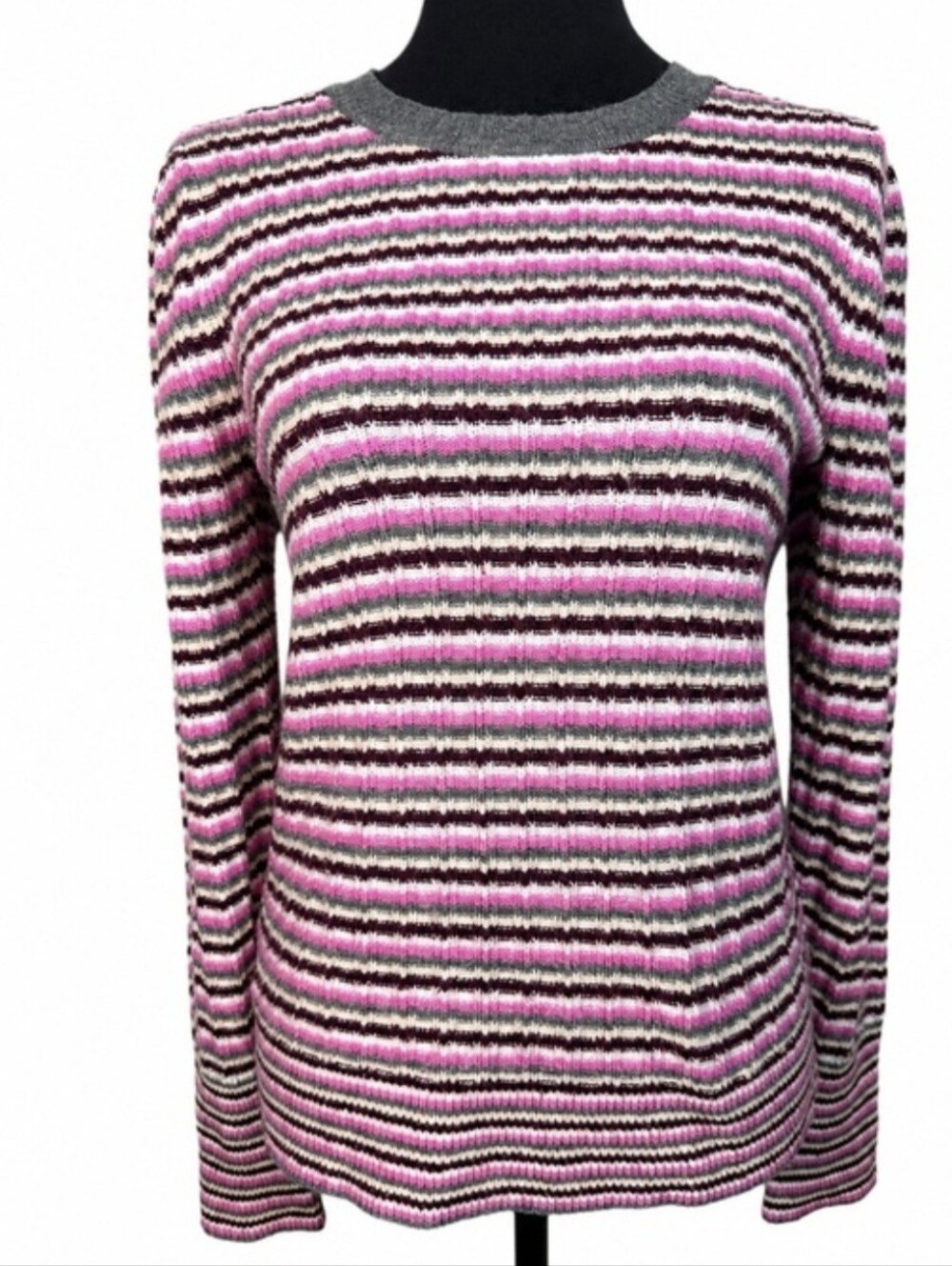 LOFT Pink, Gray & White Striped Crewneck Sweater